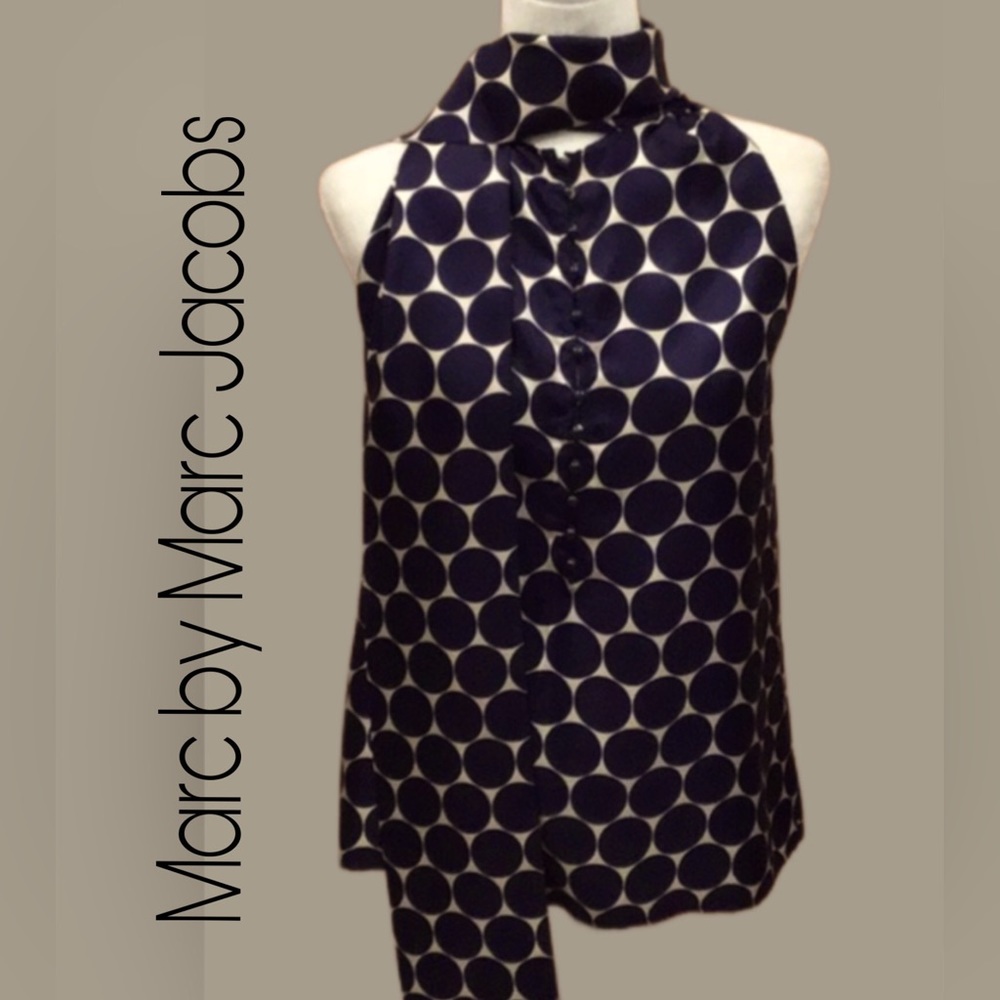 Marc by‎ Marc Jacobs 100% Silk Blue Polka Dot Scarf Neck Tunic, Size XS